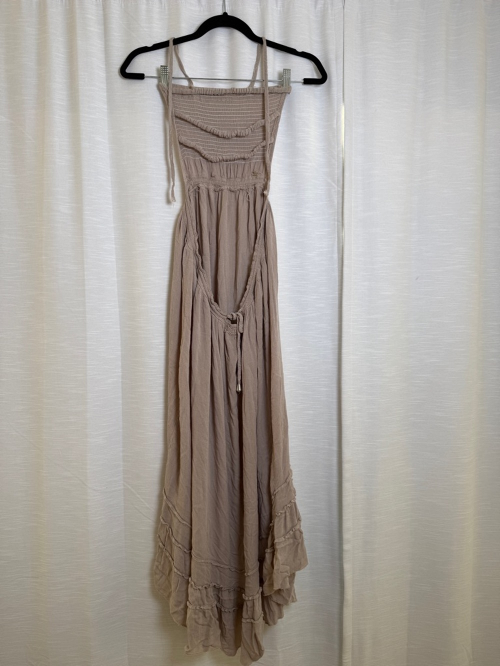 Beige Smocked Maxi Dress Boho Tiered Ruffle Strappy Back Flowy Summer | Size S - Picture 9 of 15